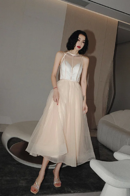 Bridal dresses for womenCute tulle see through short prom dress champagne evening dress  8674
