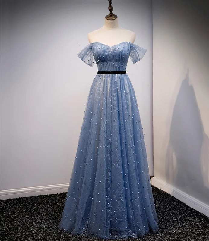 Glamour dresses for red carpet appearancesBlue tulle long A line prom dress evening dress  8686