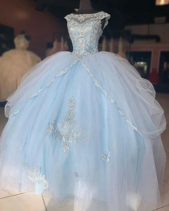 Round-neck dresses for womenBall Gown Blue tulle long lace evening dress  gh979