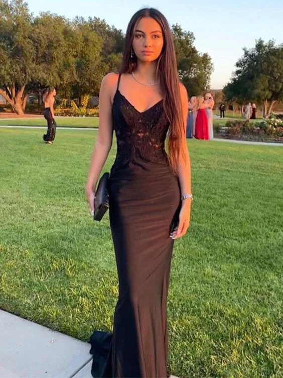 Flutter sleeve dresses for womenBodycon stretch woven satin applique v neck sleeveless long black ball gown evening dress gh3000