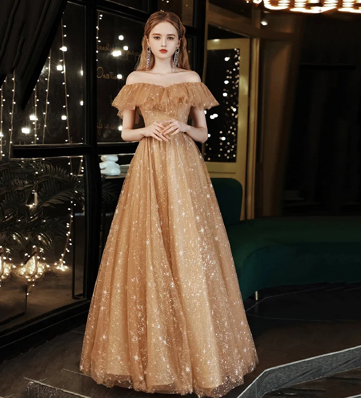 Loose-fitting dresses for womenGold tulle sequins long prom dress evening dress  8508