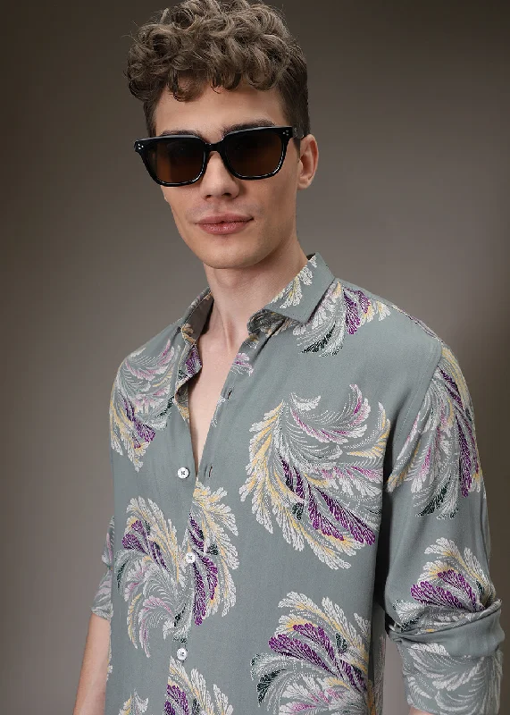 tops designed for layering for menGreen Leaf Abstract Feather Shirt