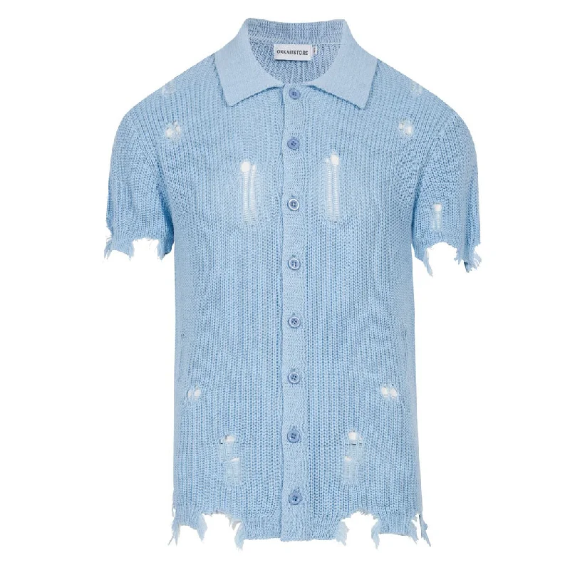 men's short-sleeved shirts with a relaxed fitMen's blue ripped knit cardigan top