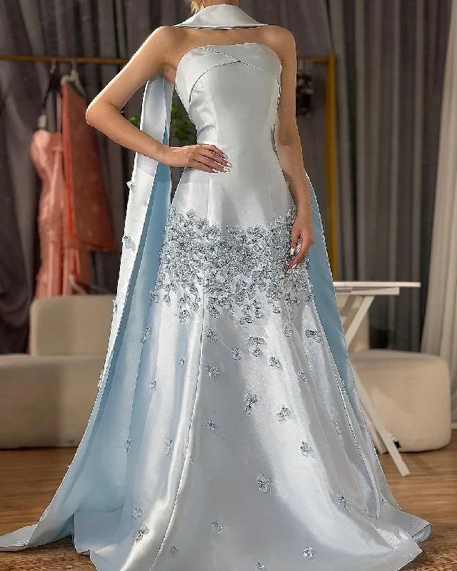 Petite dresses for womenBlue gorgeous exquisite floral beaded long satin ball gown evening gown graduation dress gh3275