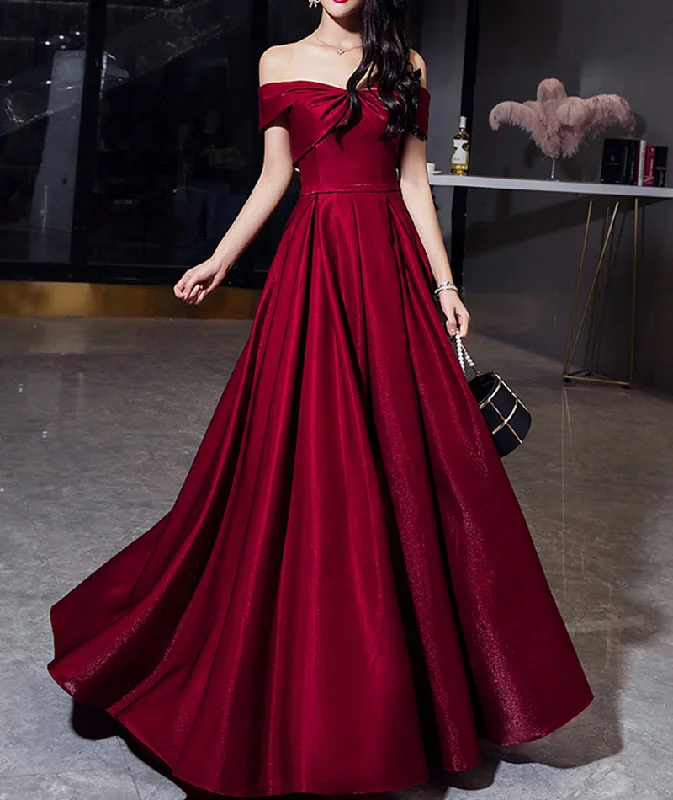 Solid color dresses for womenShiny satin long prom dress burgundy evening dress  8489