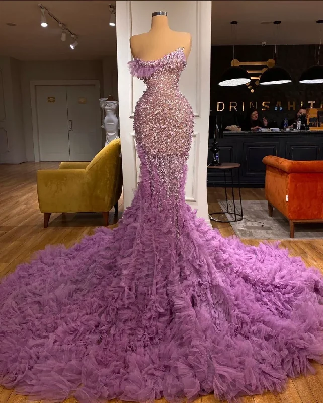 Festival dresses for music and arts eventsExquisite luxurious gorgeous lilac and onion color beaded sequin tulle fabric long ball gown evening dress gh2561