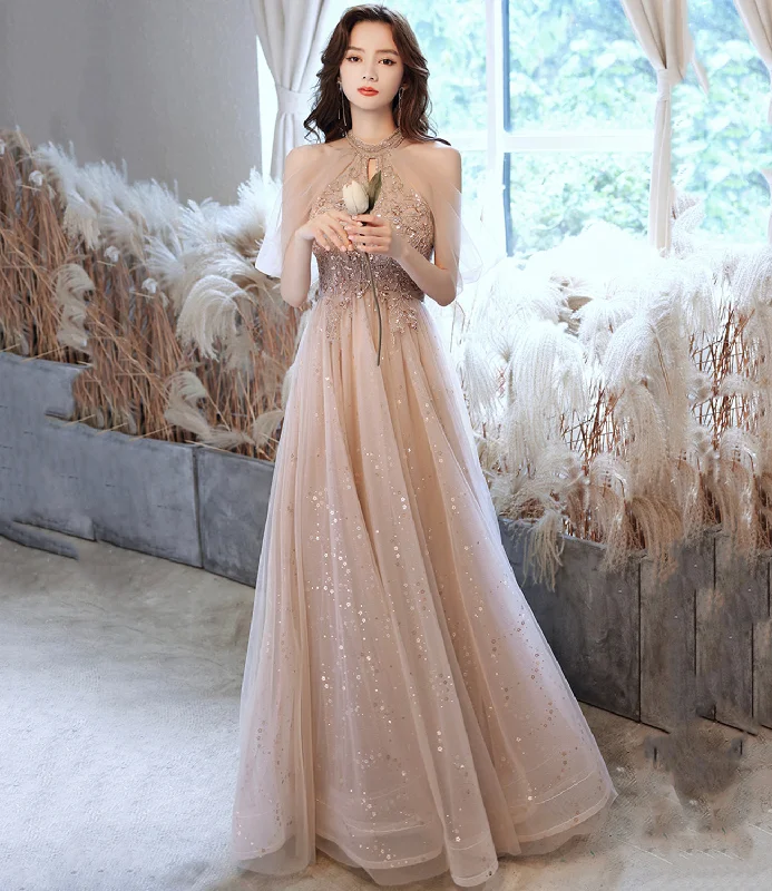 Women's casual dressesChampagne tulle sequins long A line prom dress evening dress  8683