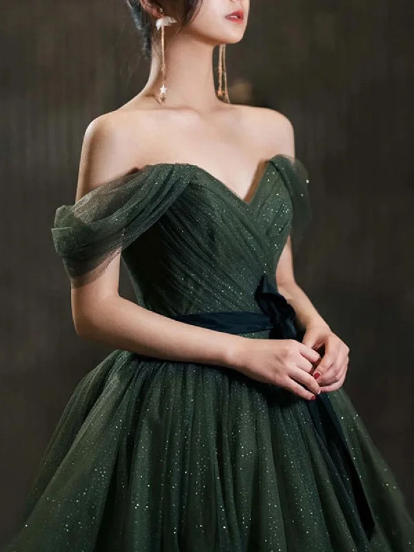 Halter dresses for womenSimple Green Sweetheart Tulle Long Prom Dress, Green Formal Dresses