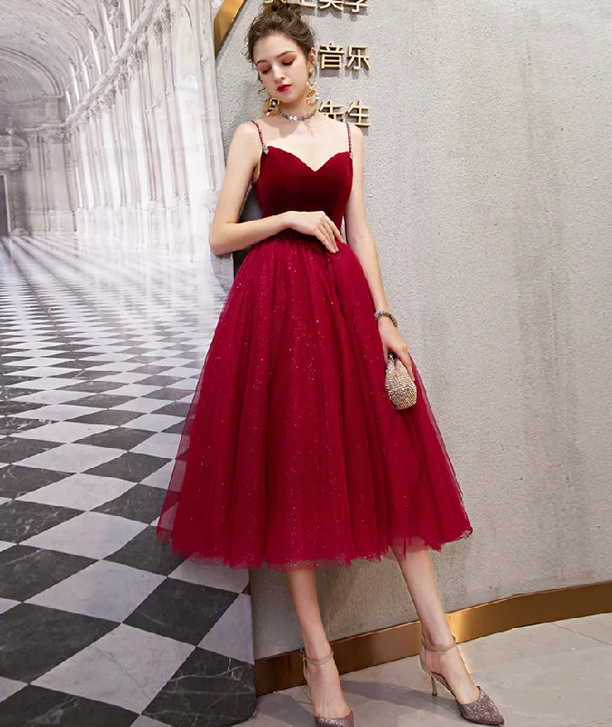 One-shoulder dresses for womenBurgundy velvet tulle short prom dress party dress  8392