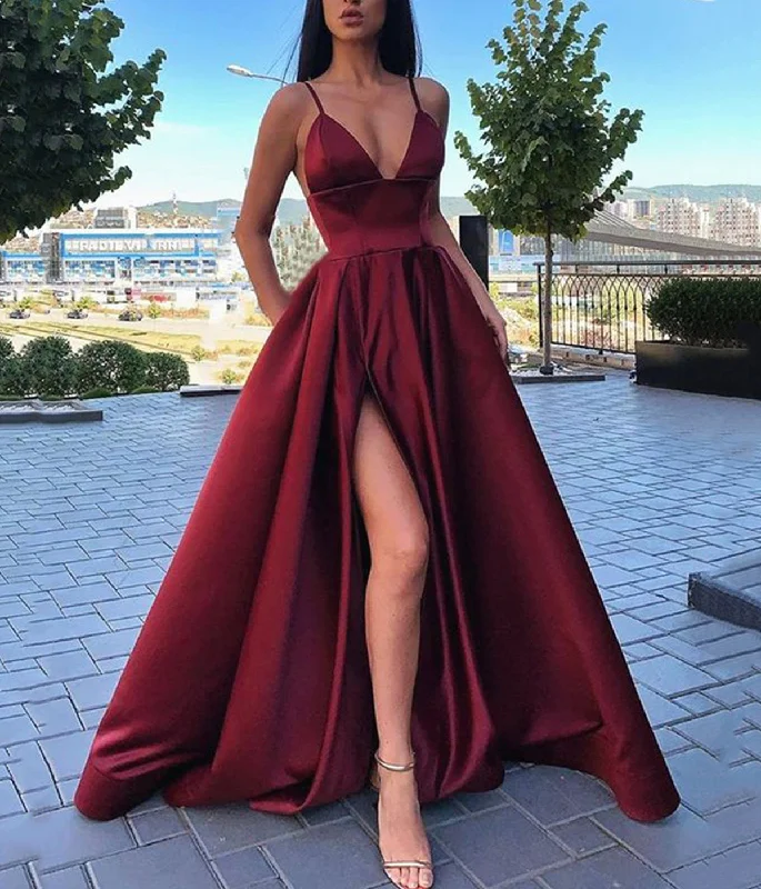 Off-the-shoulder dresses for womenBurgundy satin long prom dress evening dress  8615