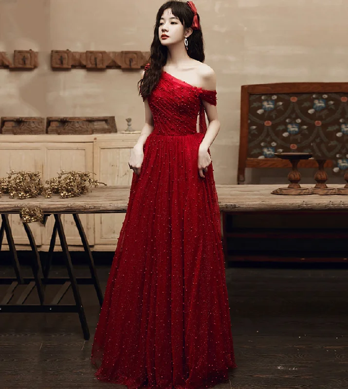 Day dresses for everyday wearBurgundy tulle beads long prom dress one shoulder evening dress  8552