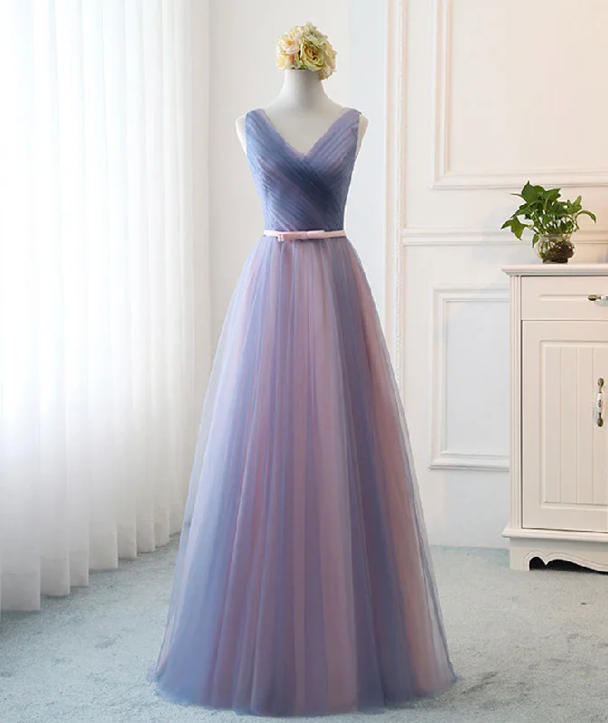Embroidered dresses for womenBlue v neck tulle long prom dress evening dress  8495