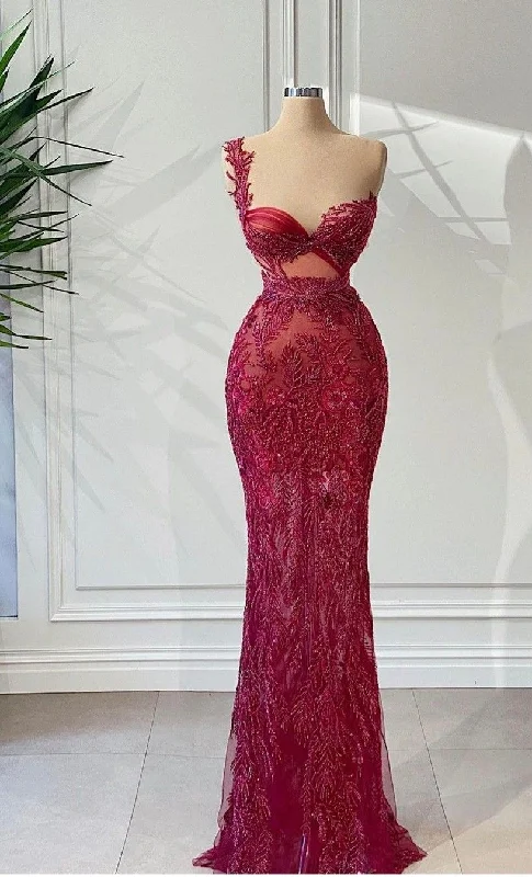 Limited edition dresses for collectorsLuxury gorgeous elegant one shoulder burgundy long ball gown sexy bodycon evening dress gh2724