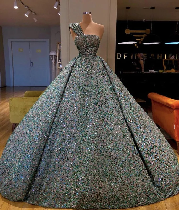 One-shoulder dresses for womenGreen gorgeous shiny sequins fashionable one shoulder strapless off shoulder long ball gown evening dress gh3091