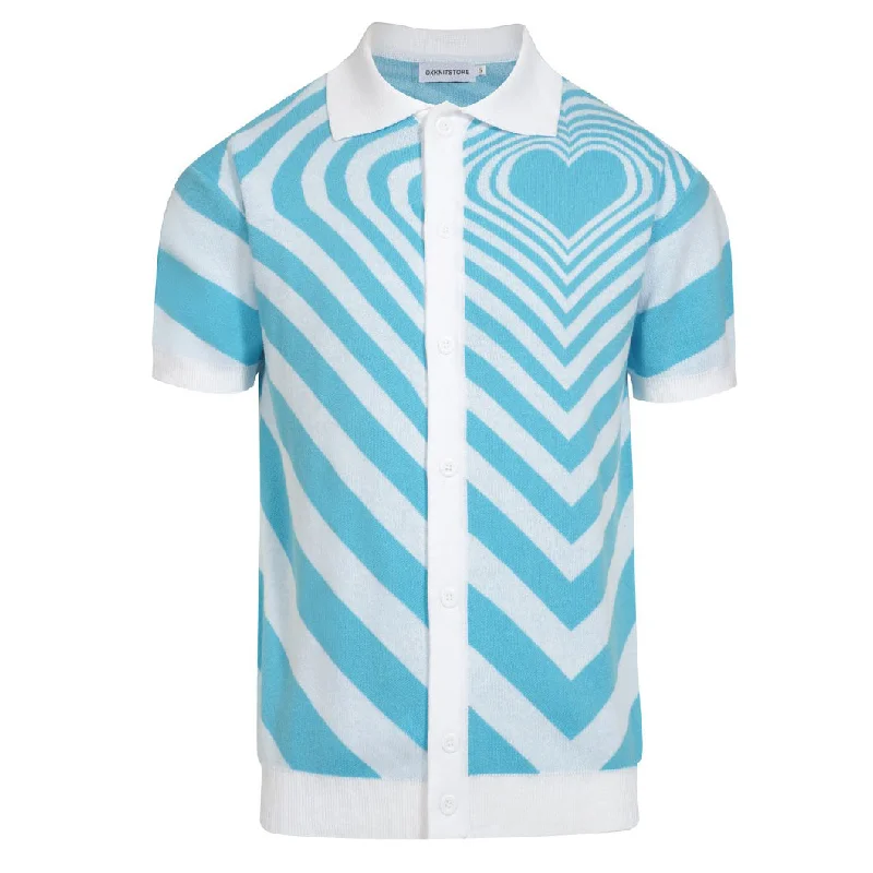 affordable short-sleeved shirts for menMen's blue striped jacquard cardigan top