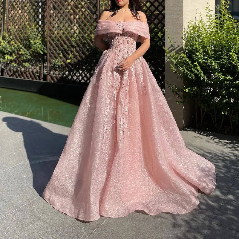 Handmade dresses for unique fashion statementsPink glitter exquisite beading off-shoulder A-line elegant long tulle ball gown evening dress fairy princess dress gh2752