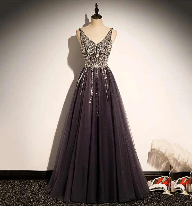 Chiffon dresses for womenStylish v neck tulle long prom dress A line evening dress  8640