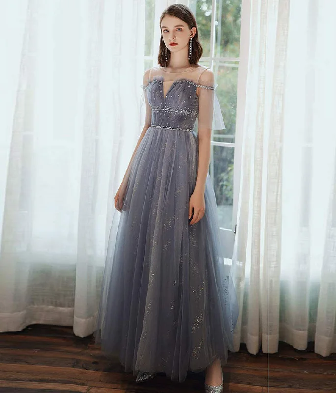 Beach dresses for casual outingsA line tulle sequins long prom dress  8341
