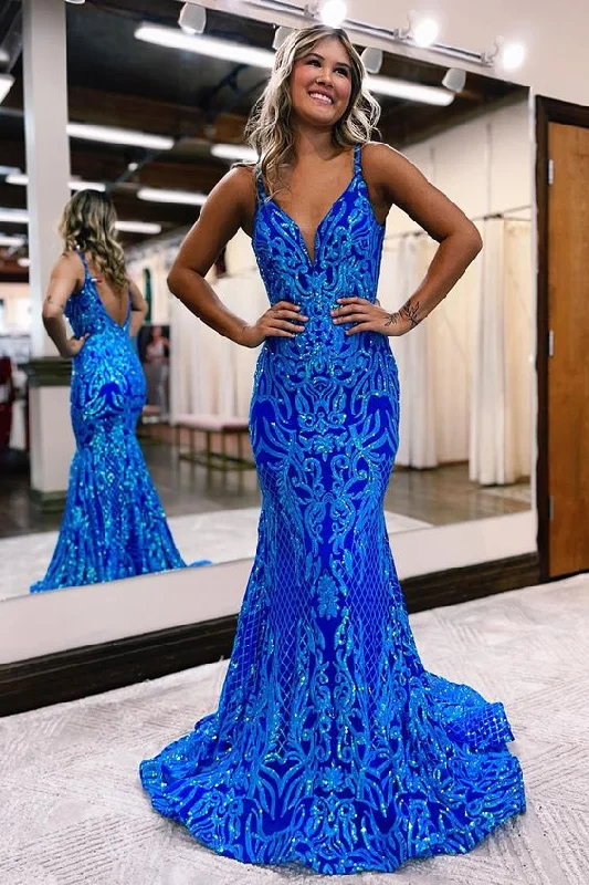 Tight-fitting dresses for womenBlue shiny V neck bodycon long elegant sequin ball gown evening dress gh2720