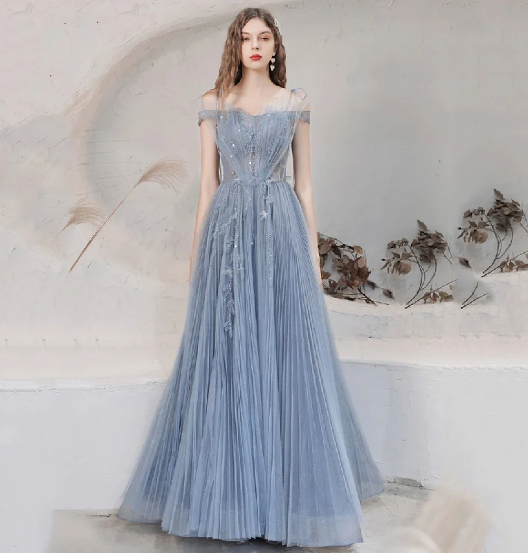 Checkered dresses for womenBlue tulle long prom dress blue evening dress  8628