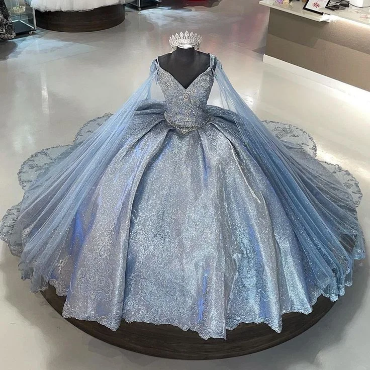 Strapless dresses for womenBlue gorgeous shiny sequins small V-neck long ball gown evening gown graduation gown gh3089