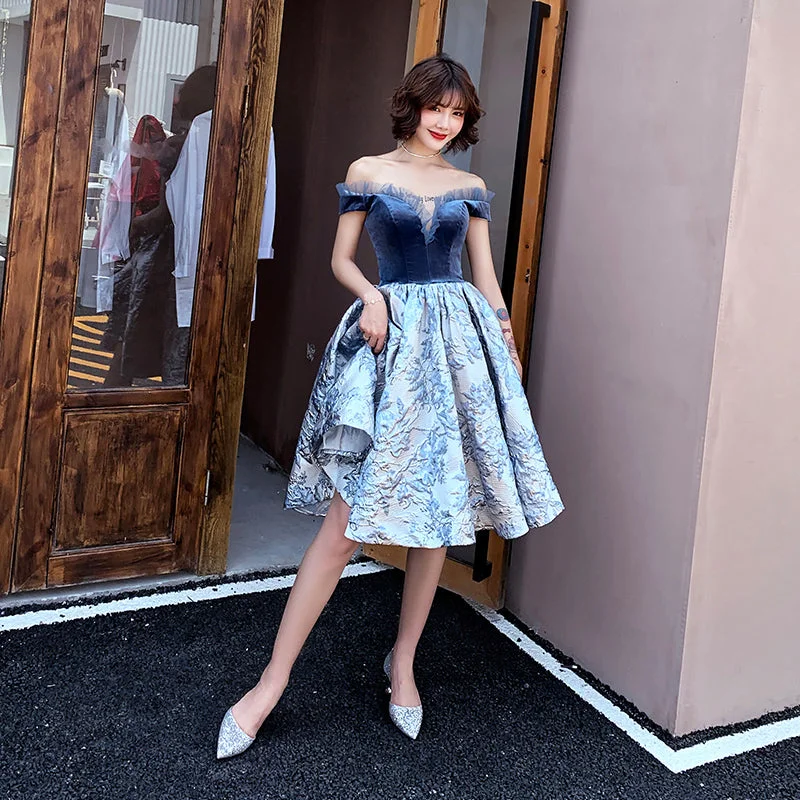 Synthetic dresses for budget-friendly optionsBlue velvet short prom dress party dress  8355
