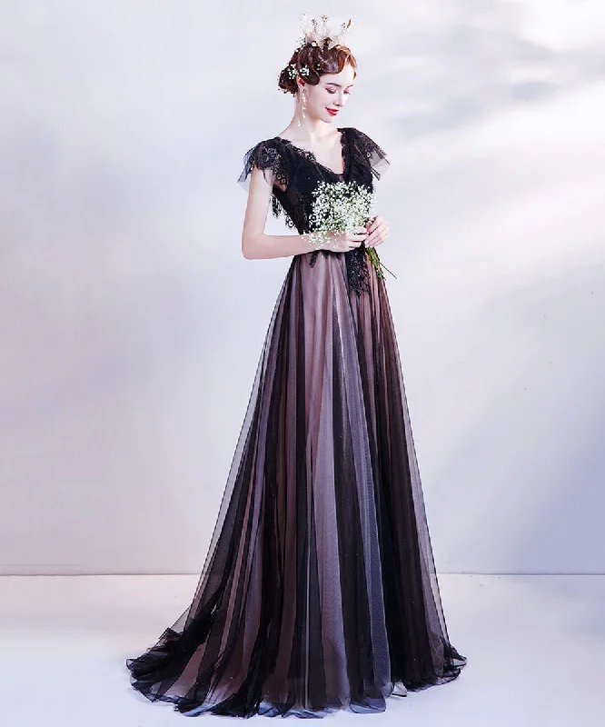 Long flowy dresses for womenBlack v neck tulle long prom dress evening dress  8512