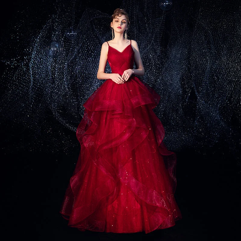 Party dresses for womenBurgundy tulle long prom dress formal dress  8295