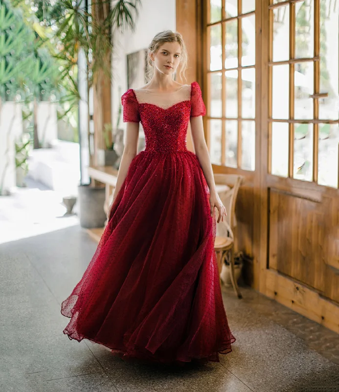 Cotton dresses for everyday wearBurgundy Sparkling Beaded A-line Long Tulle Elegant Ball Gown Evening Dress 8645