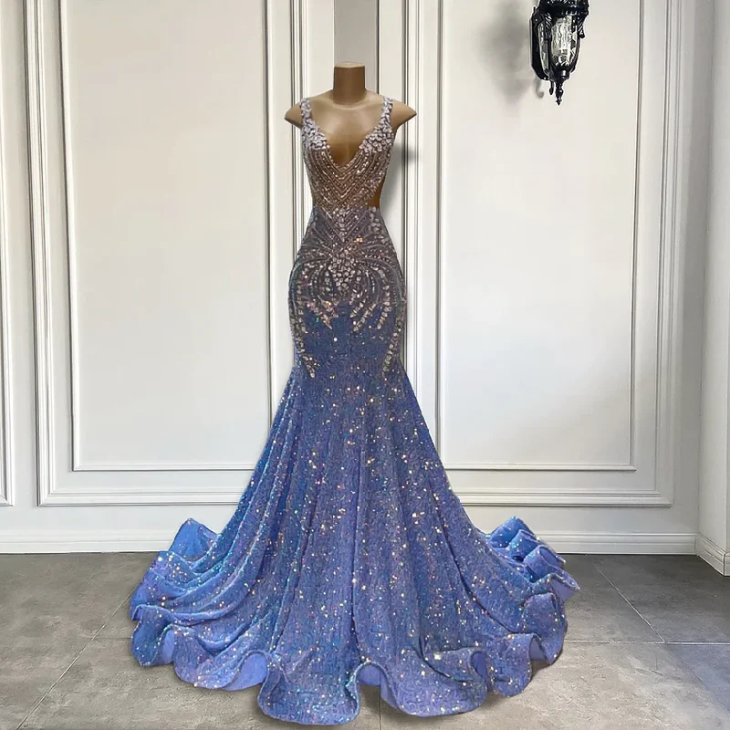 Spring dresses for blossoming stylesLight blue luxury gorgeous sparkling exquisite beading long floor-length ball gown mermaid slim silver crystal evening dress gh2656