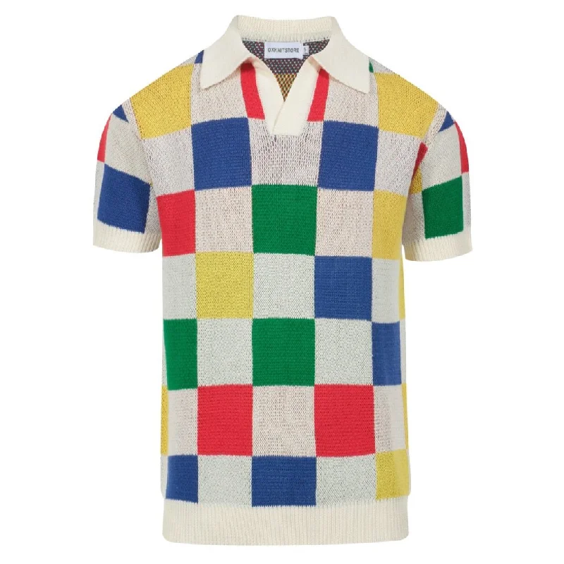 short-sleeved shirts for men that are suitable for all body typesMen's multicolor plaid jacquard knit V-neck polo shirt