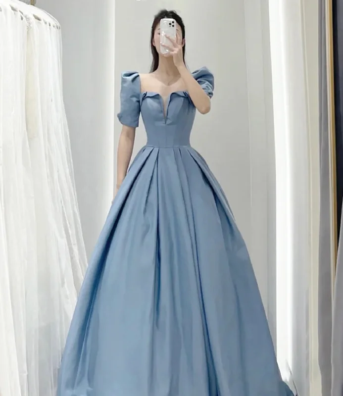 Leather dresses for womenBlue Satin Elegant Short Sleeve Long A-Line Ball Gown Evening Dress 8831