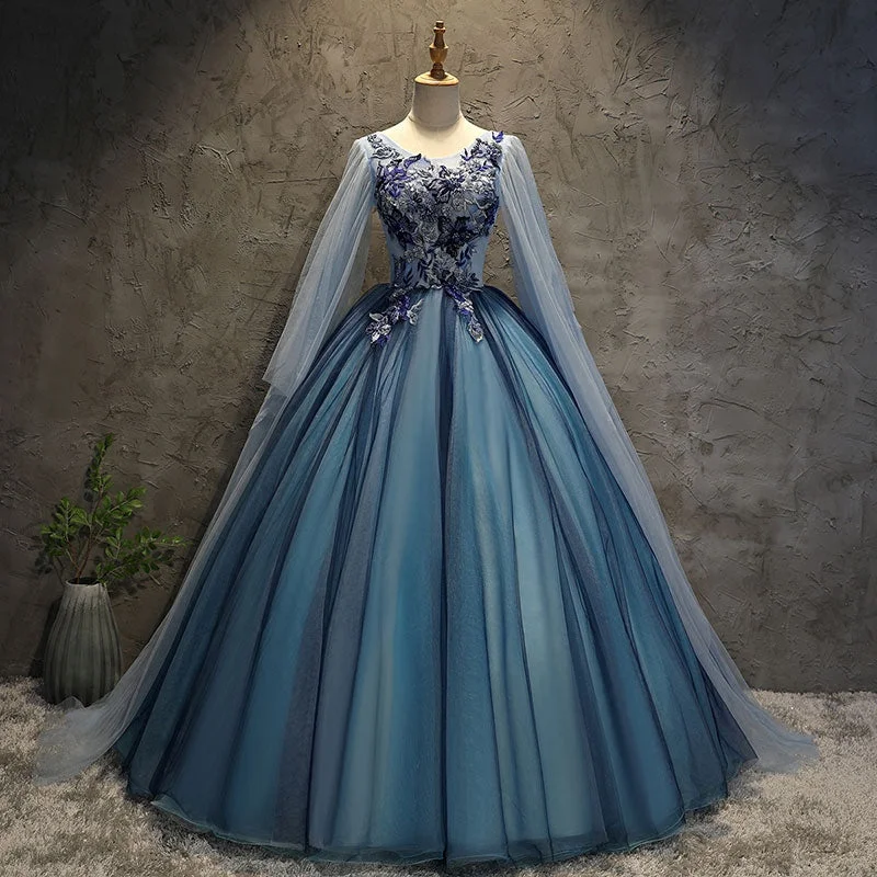Batwing sleeve dresses for womenBlue tulle lace long ball gown dress blue evening gown  10091