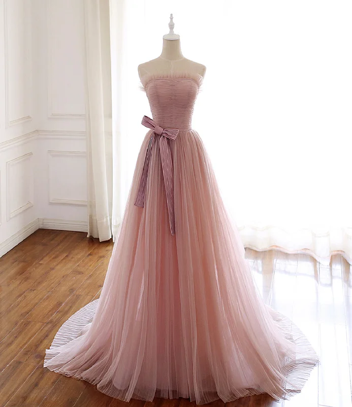 Lantern sleeve dresses for womenPink tulle long prom dress pink evening dress  8584