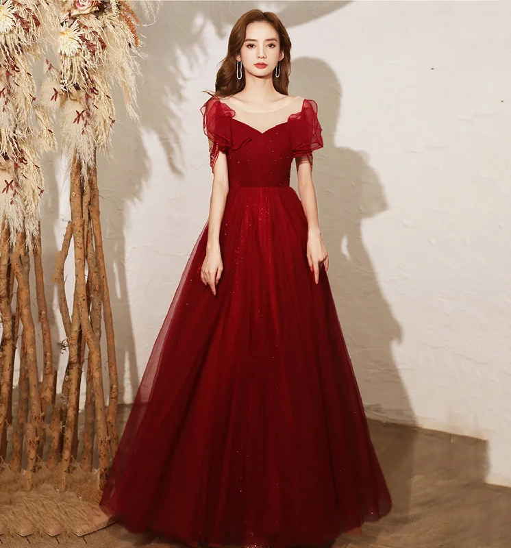 Bohemian women's dressesBurgundy tulle long A line prom dress evening dress  8680