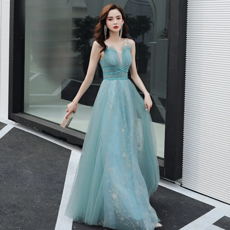 Cold-shoulder dresses for womenBlue tulle long A line prom dress blue evening dress  8581