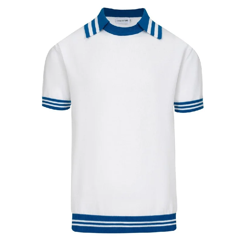 short-sleeved men's clothing made of organic cottonMen's blue and white knit crew neck polo shirt
