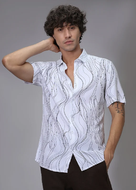 tops with lace-up for menAbstract White Line Print Shirt