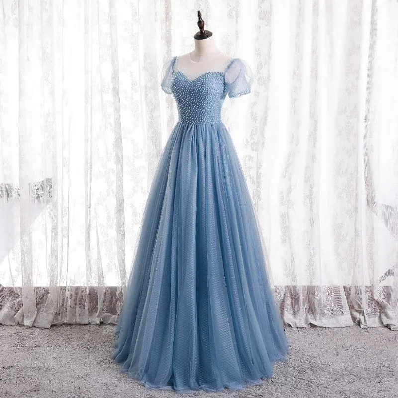 Cold-shoulder dresses for womenBlue tulle long A line prom dress blue evening dress  8728