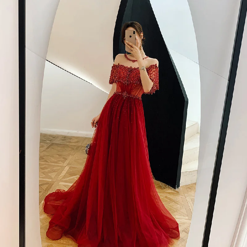 Polka dot dresses for womenHigh quality burgundy beads long prom gown formal dress  8401