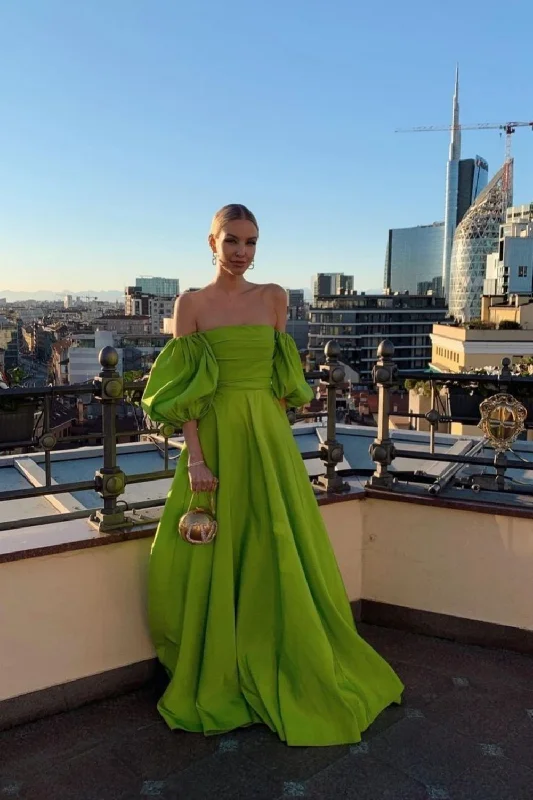 Lace dresses for womenGreen Strapless Puff Sleeve Long Satin Ball Gown Evening Dress gh3116