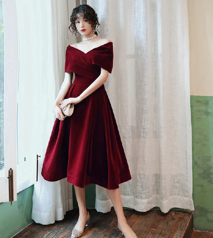 Floral dresses for womenBurgundy velvet short prom dress party dress  8403