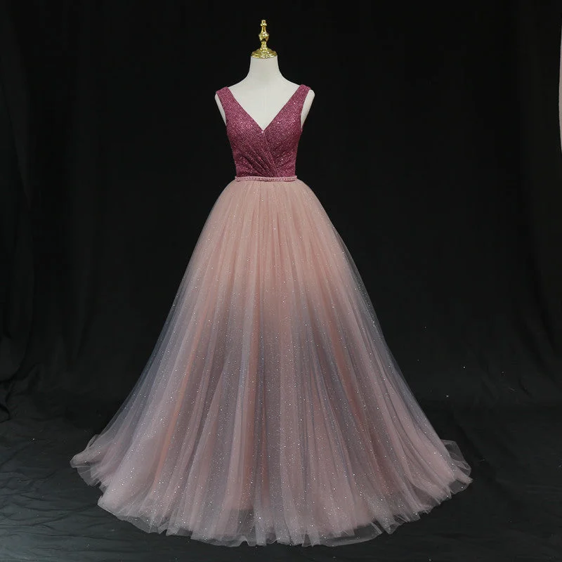 Round-neck dresses for womenShiny v neck tulle long prom gown formal dress  8602