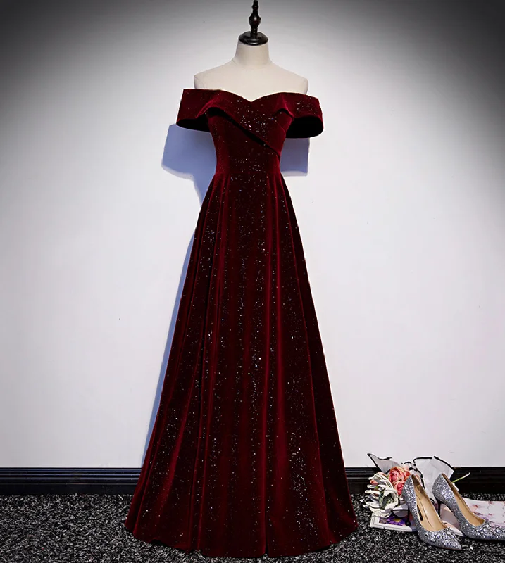Sleeveless dresses for womenBurgundy Shiny Elegant Velvet Long A-Line Ball Gown Evening Dress 8560