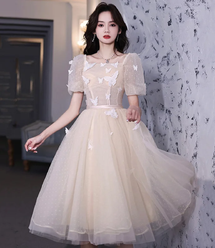 High-low hem dresses for womenChampagne tulle short prom dress party dress  8671