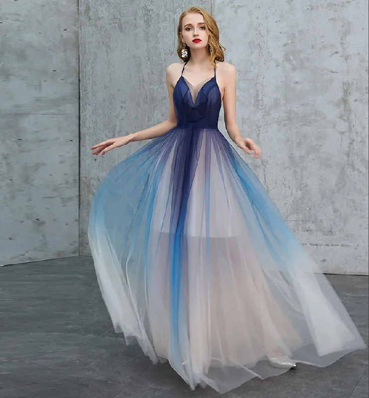 Little black dresses (LBDs) for womenBlue v neck tulle long prom dress blue evening dress  8443