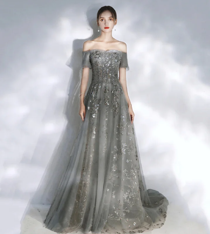 Corduroy dresses for womenGrey sequins long A line prom dress evening dress  8575