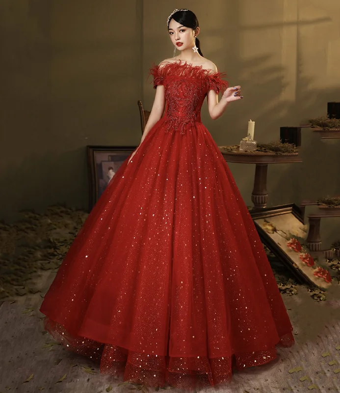 Plunging neckline dresses for womenRed tulle sequins long ball gown dress A line evening dress  10324
