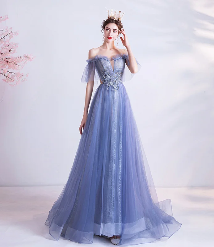 Fit-and-flare dresses for womenBlue tulle lace long A line prom dress evening dress  8670