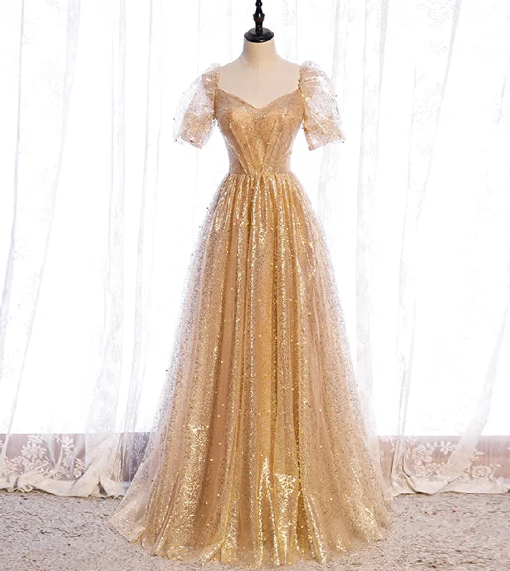 Elegant women's dressesGold tulle sequins long prom dress evening dress  8428